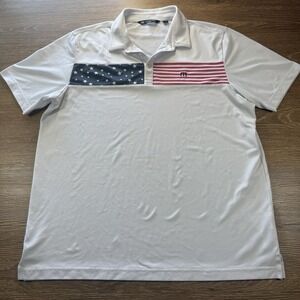 TravisMathew Men's XXL Polo White USA Flag Stars Stripes Golf Performance *flaw*